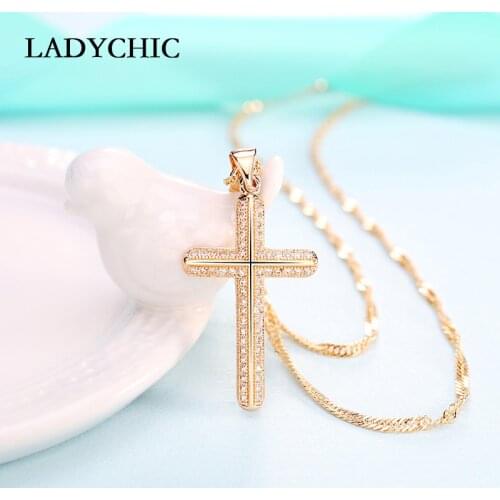 LADYCHIC Trendy Gold Color Crystal Cross Pendant Necklace Romantic Women Girls Statement Necklaces Jewelry Dropshipping LN1151