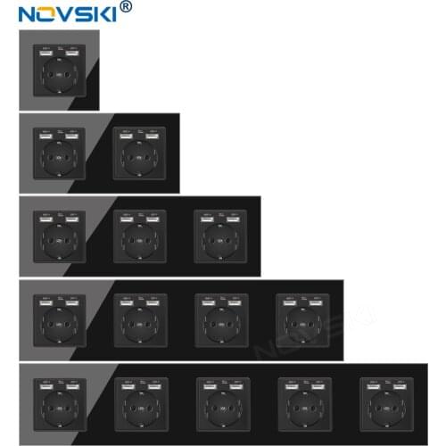 Multi 1 to 5 Frame German USB Socket Crystal Black Panel, USB Charger 2100mA Port for Hotel and Public , Hidden LED, Grounded