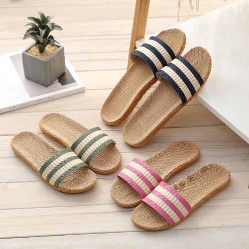 Four Seasons Men Home Non-Slip Flat Shoes Womens Linen Slides Couple Light Slippers Unisex Soft Sandals Ladies Flax Flip Flops