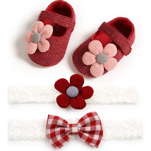 0-18Month Newborn Baby Girls Baptism Shoes + Headband Set Infant Girls Soft Sole Floral Mary Jane Flats and Hairbands 3Pcs Set