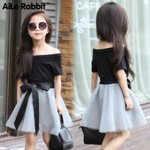 New Summer Fashion Short Sleeve Off Shoulder Black T Shirt Mesh Skirt With Ribbons Elegant Girls Clothing Set Dress