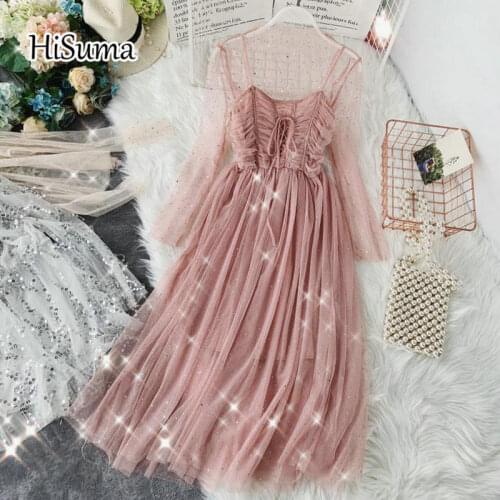HISUMA 2020 spring autumn new female chic o-neck lace-up A-line mesh dress two-piece sets womens sequined gauze bling dresses
