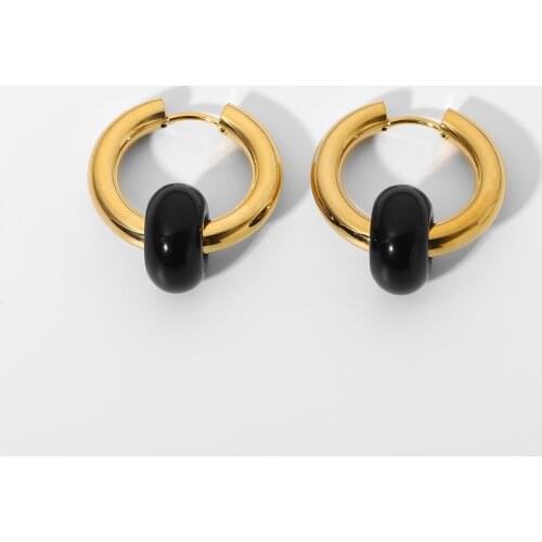 18K Gold Plated Stainless Steel Black Stone Pendant Huggie Earrings For Women Bohemian Style Circle Earrings Jewelry