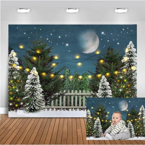 Christmas Eve Backdrop Winter Little Star Night Background Snow Frozen World Green Pine Tree Christmas Party Decor Photocall