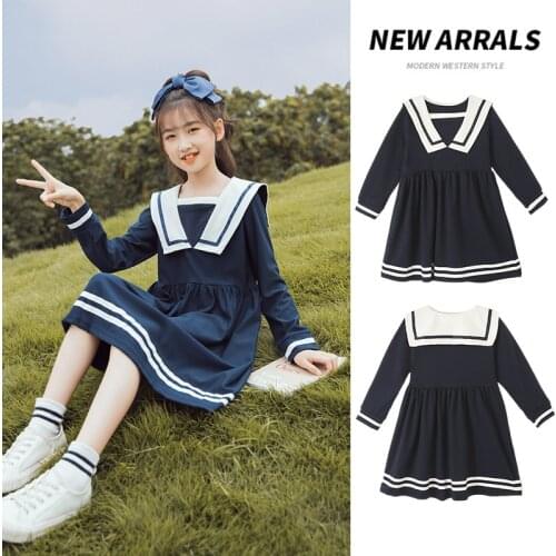 Spring Kids Girls Dresses Autumn College Style Students Navy Collar Dresses for Children Clothing Teenage Girls Princess Dresses