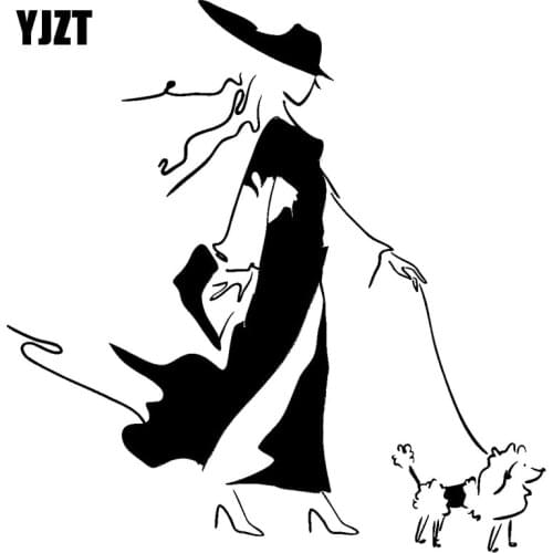 YJZT 14.9CM*15.2CM Girl Walk Dog Vinyl Sticker Decals Black/Silver C10-00394