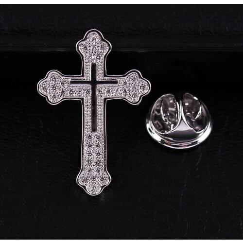 Shiny Rhodium color copper CZ crystals cross charm cardigan collar pin brooch fashion ornament jewelry accessories for women