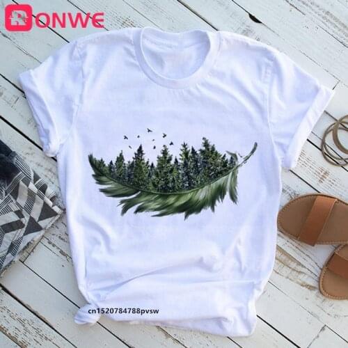 Women 2021 Feather Bird Short Sleeve Printing Spring Fashion Lady Print T shirt Female Graphic T-shirt,Drop Ship