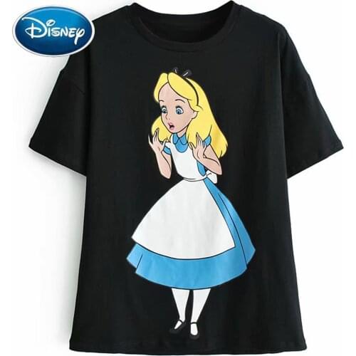 Disney Fashion Alice in Wonderland Cartoon Print Harajuku Women T-Shirt Cotton Tee O-Neck Pullover Short Sleeve Tops Black