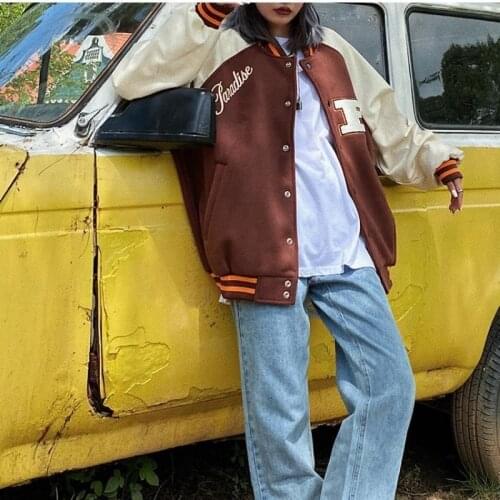 Womens Bomber Jacket Oversized Loose Female Baseball Jacket Embroidery Single Breasted Street Style Autumn Coat for Women 2021