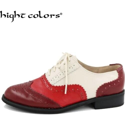 Hight colors Branded Design Women Casual Cow Leather Oxfords Brogue Shoes Round head Fashion Mixed Color Oxford Shoes for women