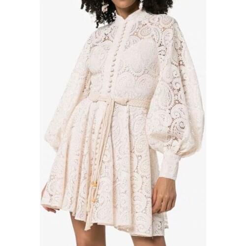 Attached Belt Hollow Out Cashew Lace Dresses Women Lantern Long Sleeve Two Piece Female 2021 Autumn Fashion New