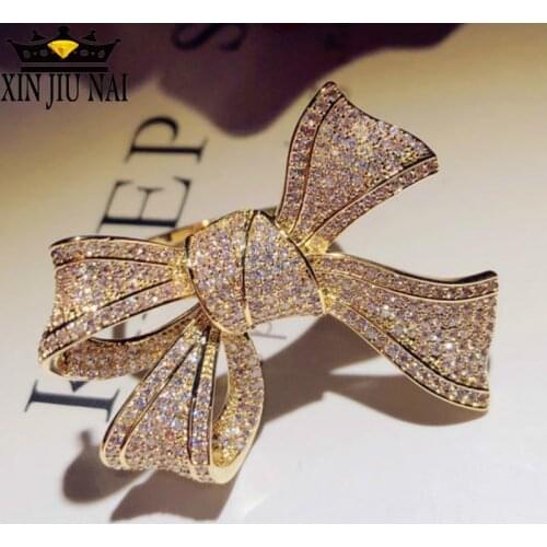 Beautiful super sparkling 18k gold full diamond female bow ring Fashion Temperament Hot sales Exaggeration Luxurious Exquisite