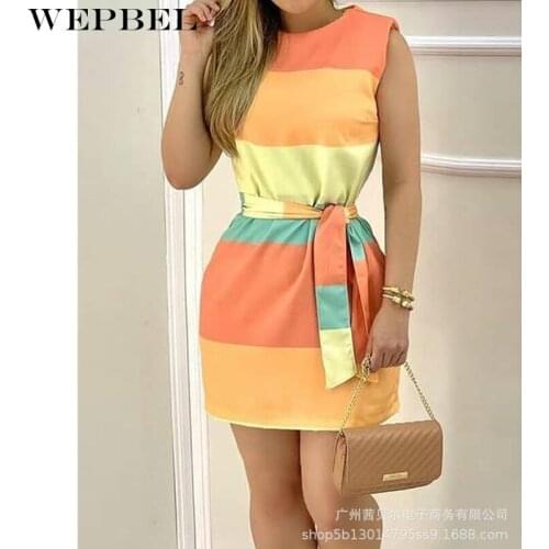 WEPBEL Women Elegant Summer Stripe Mini Vest Dress Ladies Casual Fashion Sleeveless O Neck Lace Up Bodycon Dress