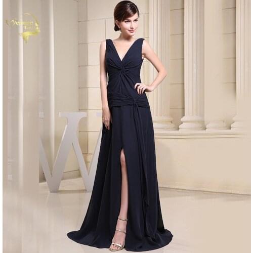 Navy Blue V Neck Sexy Split Skirt Evening Dresses Chiffon Criss-Cross Formal Party Prom Gown Vestidos Longos Celebrity Dresses
