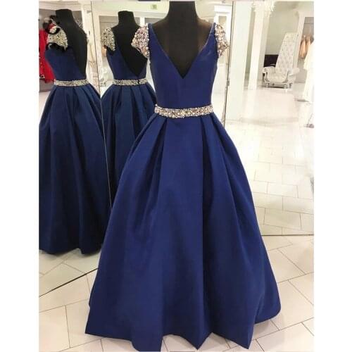 Navy Blue A-Line Prom Dresses Long 2021 Evening Party Dress Beads Pearls Double V-Neck Floor Length Pockets Womens Prom Gowns