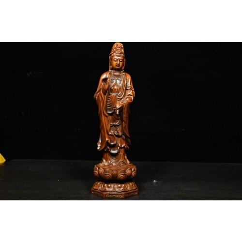10" China Lucky Seikos Boxwood Clean bottle Guanyin Bodhisattva Statue Standing Buddha Avalokitesvara Enshrine the Buddha