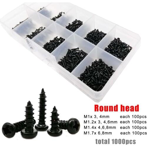 1000pcs M1 M1.2 M1.4 M1.7 Black Small Cross Phillips Pan Round Flat Countersunk Head Self-tapping Wood Screw Set Assortment Kit