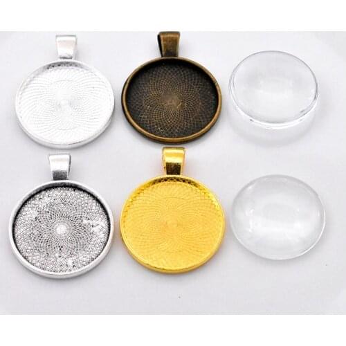 5sets 25mm Inner Size 4 Colors Plated Simple Cabochon Base Setting Charms Pendant Tray With 25mm Clear Glasses