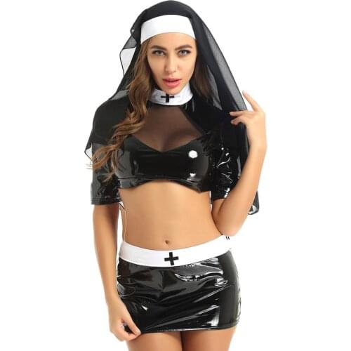Alvivi 2020 Halloween Dress Naughty Nun Cosplay Costume Outfit See Through Sheer Mesh Chest With Mini Bodycon Skirt Costumes
