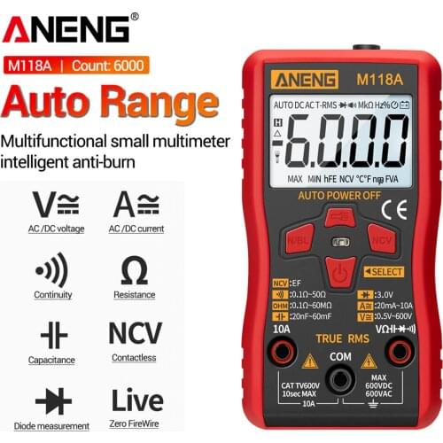 M118A Mini Digital Multimeter Smart Tester Auto Mmultimetro True Rms Tranistor Meter with NCV Data Hold 6000counts Flashlight