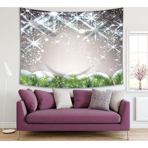 Tapestry Winter Holiday Decoration with Green Fir Branches White Snowflakes on Grey Background Fun Art Printed