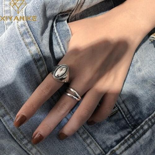 XIYANIKE 925 Sterling Silver Oval Shaped Thai Silver Rings Minimalist Double Layer Ring for Women Party Jewelry 2020 New