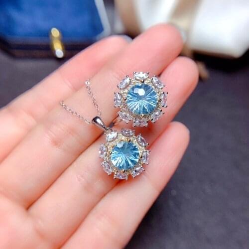 QTT 925 Sterling Silver Jewelry Sets Christmas Bridal Blue Round CZ Ring Necklace For Women Rings Pendant Wedding Necklace Set