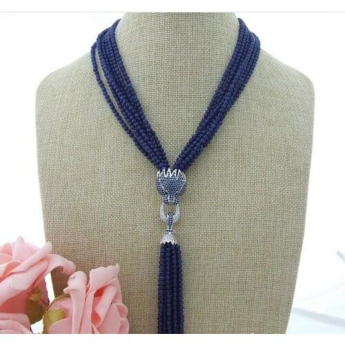 Beautiful 18"7 row Blue bead Necklace CZ Pendant