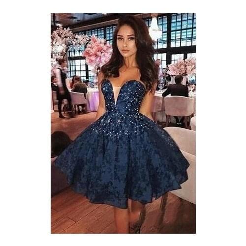 Little Dark Navy Lace Arabic Short Homecoming Dress Sweetheart Sleeveless Holiday Club Party Cocktail Dress Custom Made