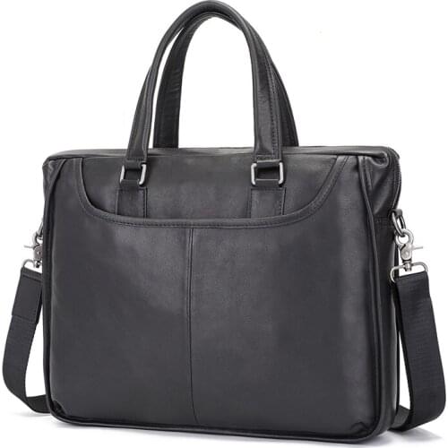 Mens Briefcases Genuine Leather Laptop bag Handbag Black Business Purse for 14 inch Laptop 7423A