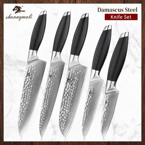 5PCS Utility Cooking Chef Knife Set Damascus Steel Kitchen Chef Knives Gift Box Paring Slicing Cleaver Santoku Chef Knife Set