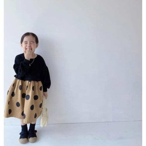 2021 New Style Girls Dots Patchwork Dress Fashion Autumn Winter Full Sleeve Cotton Girls Dresses 2-8 Years QA375