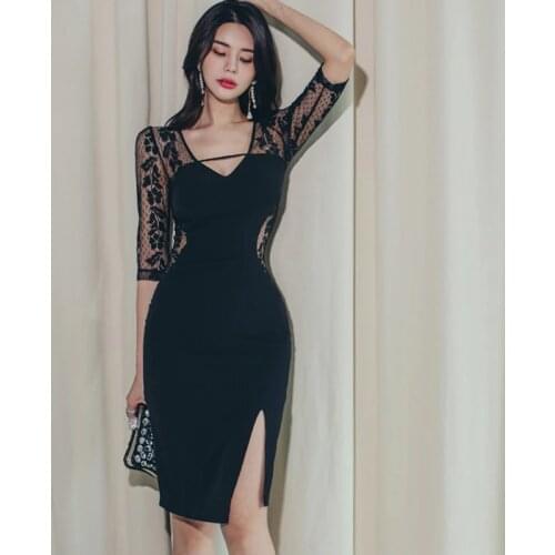 New arrival fashion party dress women elegant autumn vintage lace five sleeve v-neck temperament OL perspective bodycon dress