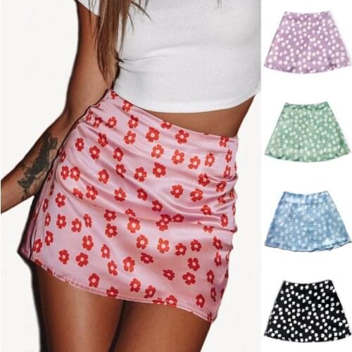 New 2021 Sexy Mini Skirts Women Fashion Daisy Floral Print Satin Skirt Woman Casual High Waist Summer Cute Girl Mini Skirts