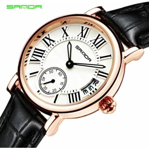 SANDA Fashion Trend Leisure Retro Art Style Calendar Pointer Leather Quartz Waterproof Womens Watch