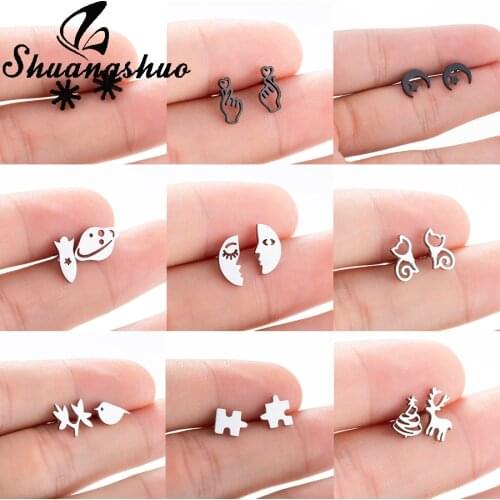 Shuangshuo Tiny Snowflake Stud Earrings For Women Earings Cute Small Moon Star Ear Jewelry oorbellen boucle d'oreille femme Gift