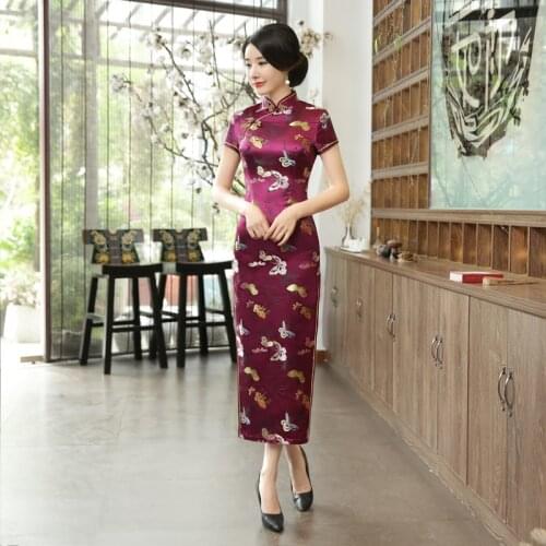 Vintage Mandarin Collar Cheongsam Elegant Long Qipao Traditional Split Wedding Qipao Dresses Summer Short Sleeve Oriental Dress