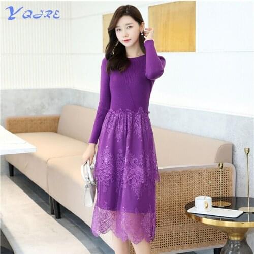 YQJRE Womens New Fashion Slim Long Sleeve Knit Dress Lace Dress Trend