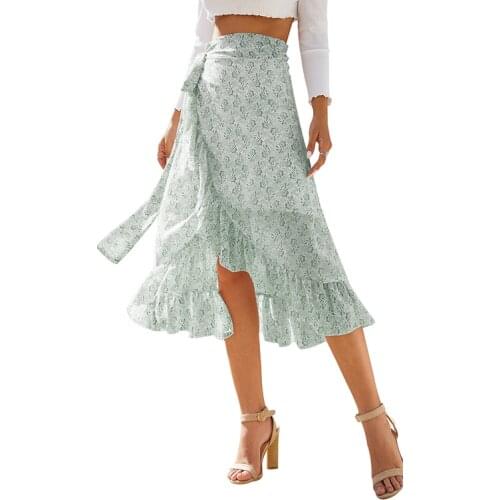 CINESSD Women Floral Print Chiffon Skirts 2021 Spring Summer Green Split Lace Up Ruffles Casual Bohemian Lady Midi Length Skirt
