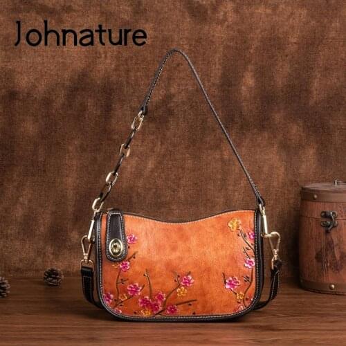 Johnature Summer Women Small Bag 2021 New Genuine Leather Retro Embossed Underarm Bag Versatile Nature Cowhide Shoulder Bags