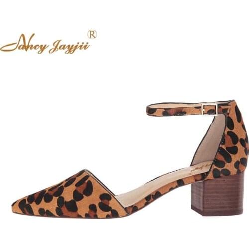 2021 Women’S Leopard Flock Two Pieces Pumps Autumn Female Pointed Toe Chunky Heels Woman Office Party D'orsay Buckle Strap Shoes
