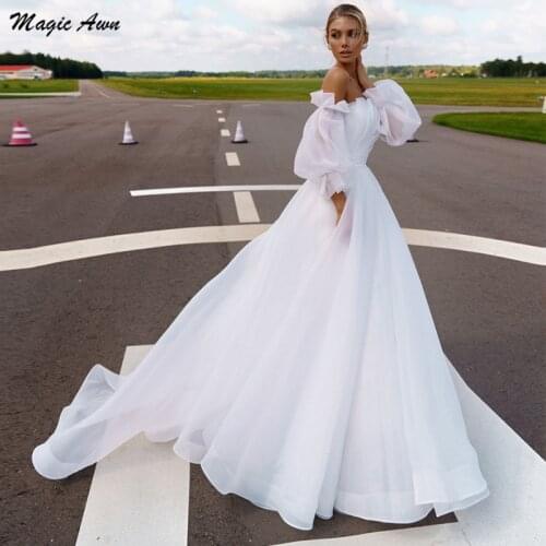 Magic Awn Boho Wedding Dresses For Women 2021 Detachable Puffy Sleeves White Princess Organza Beach A-Line Bridal Gowns Vestidos
