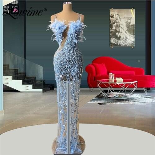Blue Beaded Dubai Design Sequined Feathers Evening Dresses 2021 Luxury Formal Party Wear Gowns Robes Arabic Long Prom Dress Robe