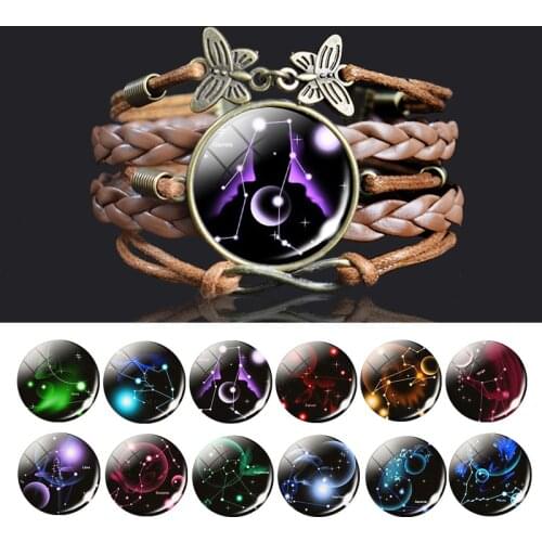 12 Constellation Vintage Multilayer Braided Rope Bracelet Men Women Zodiac Jewelry Horoscope Charm Bracelet Birthday Gift