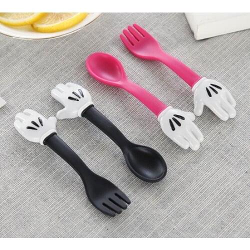 2Pcs/Set Baby Portable Tableware Set Children Utensil Cute Mouse Palm Shape Infant Food Feeding Spoon Fork Dinnerware