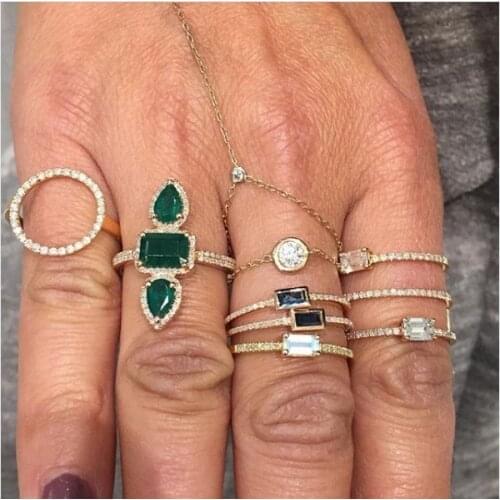 2021 Luxury Fashion Square Geometry Long Shape Women Girl Charm Jewelry Green Tear Drop Tiny CZ Gold Fille Cocktail Finger Rings