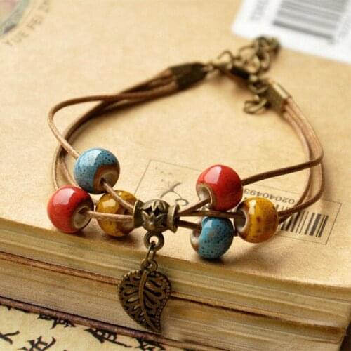 30 pieces/lot Leaf Charm Bracelets Ceramic Beads Women Men Multilayer Weave Rope Cuff Bangle Jewelry Leather Chain Wristbands