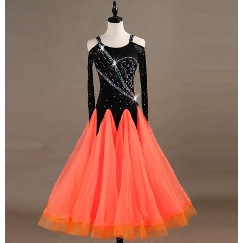 Ballroom Dance Dresses Long Sleeve foxtrot Dancing Skirt Women Stage Waltz Ballroom Dress orange red MQ083
