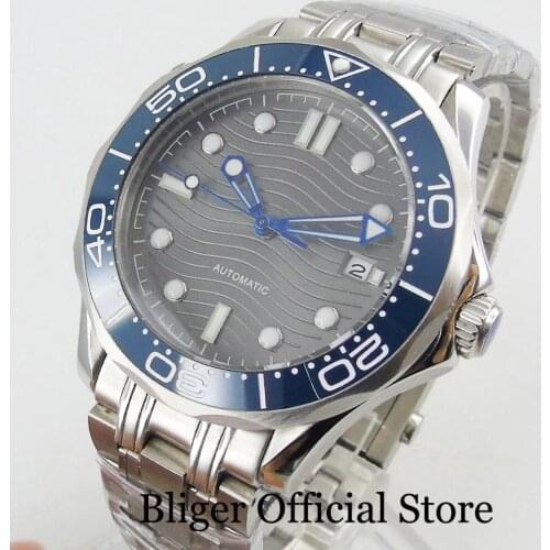 BLIGER 41mm Sapphire Crystal Mechanical Men Watch Luminous Dial Wave Pattern Date Window Wristwatch Mental Bracelet MIYOTA 8215